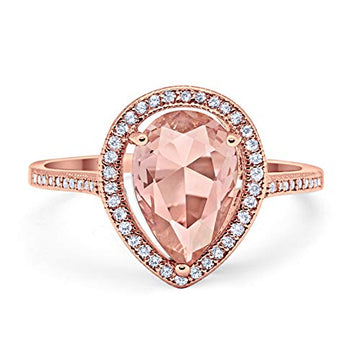 Halo Teardrop Bridal Ring Pear Rose Tone, Simulated Morganite CZ 925 Sterling Silver
